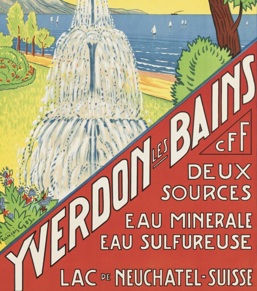 Ausschnitt aus Tourismusplakat von «Yverdon-les-Bains» mit Verweis auf die schwefelhaltigen Mineralquellen der Stadt, gestaltet von François Gos, 1930. Bild: Museum für Gestal-tung Zürich, Plakatsammlung, ZHdK.